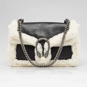 Gucci Black Leather and Shearling Dionysus Medium Shoulder Bag